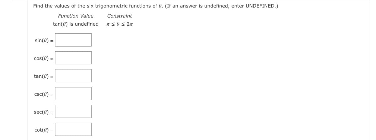 Find the values of the six trigonometric functions of 0. (If an answer is undefined, enter UNDEFINED.)
Function Value
tan (0) is undefined
sin(0) =
cos(0) =
tan(0) =
csc (0) =
sec(0) =
cot(0) =
Constraint
π ςθ = 2π