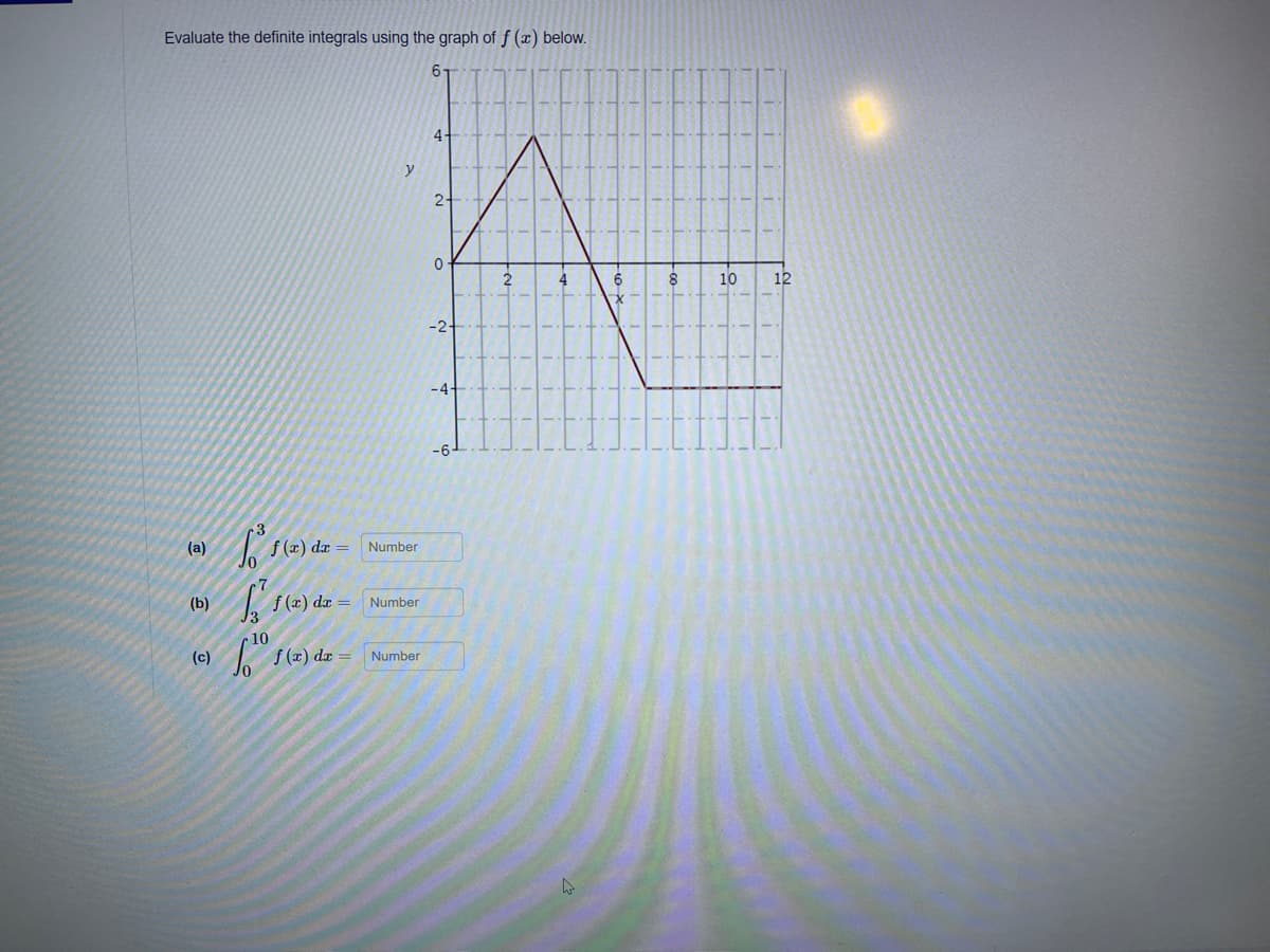 Evaluate the definite integrals using the graph of f (x) below.
6.
4.
y
2-
10
12
-2-
-4-
-6-
(a)
f (x) dæ
Number
(b)
f (x) dz =
Number
10
(c)
(2) dæ
Number
