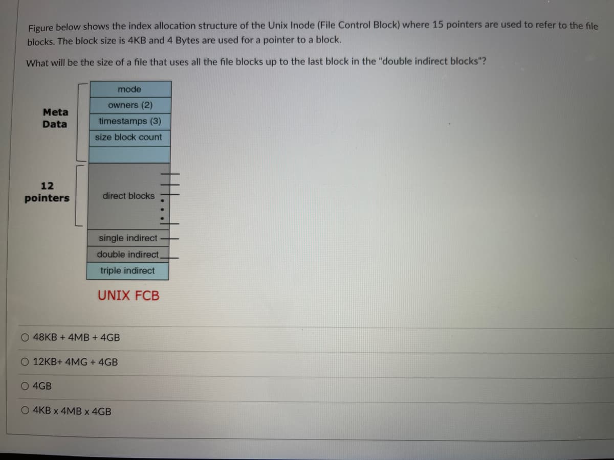 Figure below shows the index allocation structure of the Unix Inode (File Control Block) where 15 pointers are used to refer to the file
blocks. The block size is 4KB and 4 Bytes are used for a pointer to a block.
What will be the size of a file that uses all the file blocks up to the last block in the "double indirect blocks"?
mode
owners (2)
Meta
Data
timestamps (3)
size block count
12
pointers
direct blocks
single indirect
double indirect,
triple indirect
UNIX FCB
48KB + 4MB + 4GB
12KB+ 4MG + 4GB
O 4GB
O 4KB x 4MB x 4GB