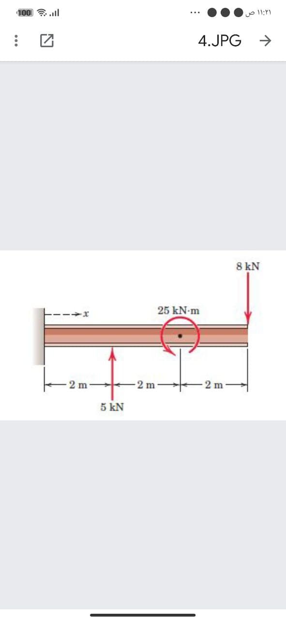 100 . .ll
۱:۲۱ ۱ ص
4.JPG >
8 kN
25 kN-m
2 m
2 m-
2 m
5 kN
