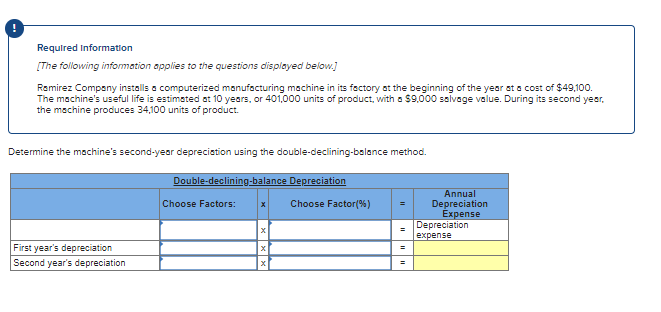 Required Information
[The following infomation applies to the questions displayed below.]
Remirez Company installs a computerized manufacturing machine in its factory at the beginning of the year at a cost of $49,100.
The machine's useful life is estimated at 10 years, or 401,000 units of product, with a $9,000 salvage value. During its second year,
the machine produces 34,100 units of product.
Determine the machine's second-year depreciation using the double-declining-balance method.
Double-declining-balance Depreciation
Annual
Choose Factors:
Choose Factor(%)
Depreciation
Expense
Depreciation
expense
First year's depreciation
%3D
Second year's depreciation
