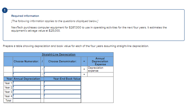 Requlred Information
[The following infomation applies to the questions displayed belovw.]
NewTech purchsses computer equipment for $267,000 to use in opersting activities for the next four years. It estimates the
equipment's salvage value at $25,000.
Prepare a table showing depreciation and book value for each of the four years essuming straight-line depreciation.
Straight-Line Depreciation
Annual
Choose Numerator: /
Choose Denominator:
Depreciation
Expense
Depreciation
expense
Year Annual Depreciation
Year-End Book Value
Year 1
Year 2
Year 3
Year 4
Total
