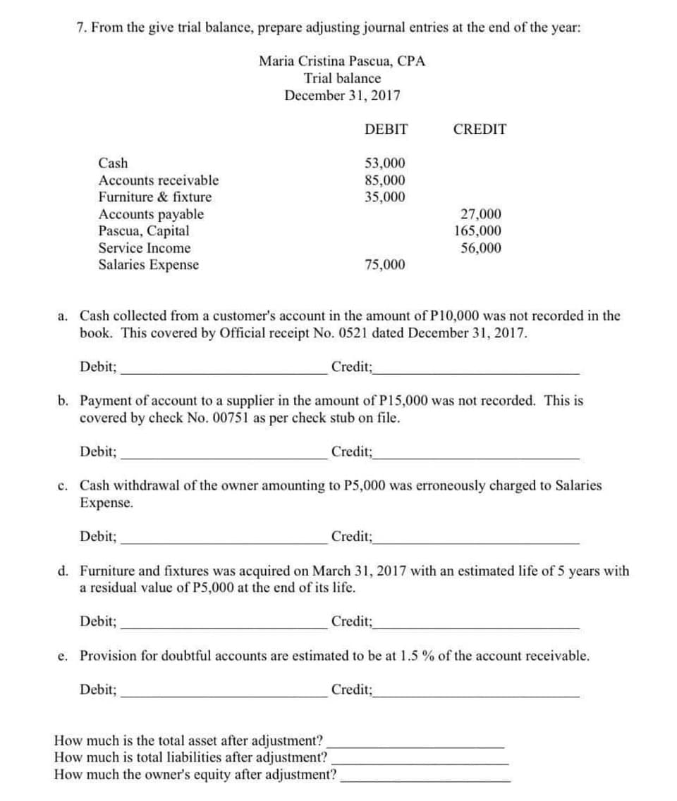 7. From the give trial balance, prepare adjusting journal entries at the end of the year:
Maria Cristina Pascua, CPA
Trial balance
December 31, 2017
DEBIT
CREDIT
53,000
85,000
35,000
Cash
Accounts receivable
Furniture & fixture
Accounts payable
Pascua, Capital
27,000
165,000
56,000
Service Income
Salaries Expense
75,000
a. Cash collected from a customer's account in the amount of P10,000 was not recorded in the
book. This covered by Official receipt No. 0521 dated December 31, 2017.
Debit;
Credit;
b. Payment of account to a supplier in the amount of P15,000 was not recorded. This is
covered by check No. 00751 as per check stub on file.
Debit;
Credit;
c. Cash withdrawal of the owner amounting to P5,000 was erroneously charged to Salaries
Expense.
Debit;
Credit;
d. Furniture and fixtures was acquired on March 31, 2017 with an estimated life of 5 years with
a residual value of P5,000 at the end of its life.
Debit;
Credit;
e. Provision for doubtful accounts are estimated to be at 1.5 % of the account receivable.
Debit;
Credit;
How much is the total asset after adjustment?
How much is total liabilities after adjustment?
How much the owner's equity after adjustment?
