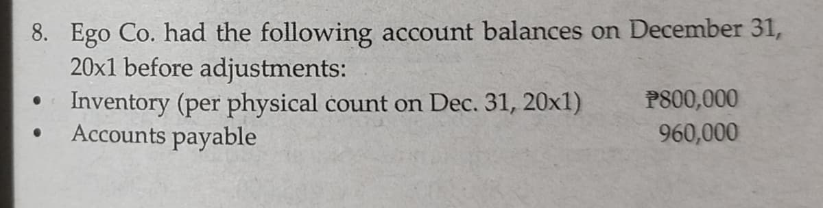 8. Ego Co. had the following account balances on December 31,
20x1 before adjustments:
P800,000
Inventory (per physical count on Dec. 31, 20x1)
Accounts payable
960,000
