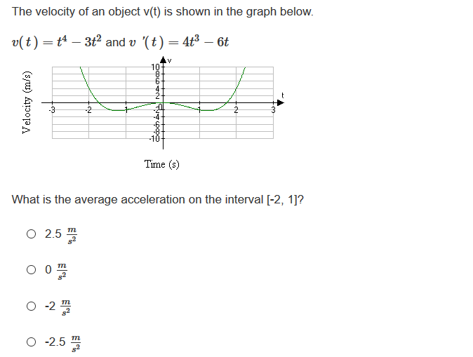 The velocity of an object v(t) is shown in the graph below.
v(t) = t4 – 3t2 and v '(t) = 4t3 – 6t
10
8.
4
-4
-6-
-8-
-10-
Time (s)
What is the average acceleration on the interval [-2, 1]?
0 2.5 플
00프
O -2
0 -2.5 프
Velocity (m/s)
