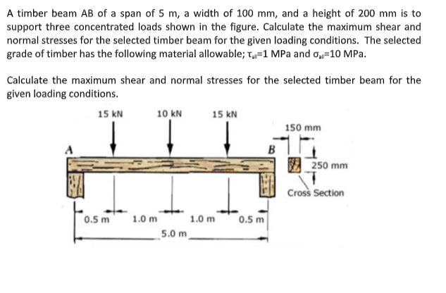 A timber beam AB of a span of 5 m, a width of 100 mm, and a height of 200 mm is to
support three concentrated loads shown in the figure. Calculate the maximum shear and
normal stresses for the selected timber beam for the given loading conditions. The selected
grade of timber has the following material allowable; T₁=1 MPa and ₁=10 MPa.
Calculate the maximum shear and normal stresses for the selected timber beam for the
given loading conditions.
15 KN
0.5 m
10 KN
↓
1.0 m
5.0 m
15 KN
↓
1.0 m
0.5 m
B
150 mm
250 mm
T
Cross Section