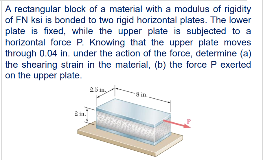 A rectangular block of a material with a modulus of rigidity
of FN ksi is bonded to two rigid horizontal plates. The lower
plate is fixed, while the upper plate is subjected to a
horizontal force P. Knowing that the upper plate moves
through 0.04 in. under the action of the force, determine (a)
the shearing strain in the material, (b) the force P exerted
on the upper plate.
2.5 in.
8 in..
2 in.
P
