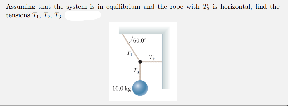 Assuming that the system is in equilibrium and the rope with T, is horizontal, find the
tensions Ti, T», Тз-
/60.0°
T
T,
T3
10.0 kg
