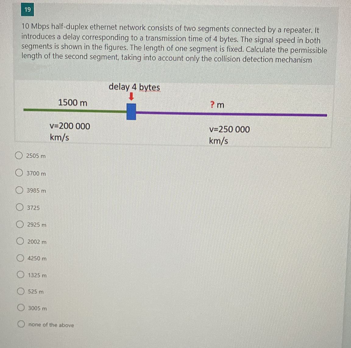 19
10 Mbps half-duplex ethernet network consists of two segments connected by a repeater. It
introduces a delay corresponding to a transmission time of 4 bytes. The signal speed in both
segments is shown in the figures. The length of one segment is fixed. Calculate the permissible
length of the second segment, taking into account only the collision detection mechanism
delay 4 bytes
1500 m
? m
v=200 000
v=250 000
km/s
km/s
2505 m
3700 m
3985 m
3725
2925 m
2002 m
4250 m
1325 m
525 m
3005 m
none of the above
