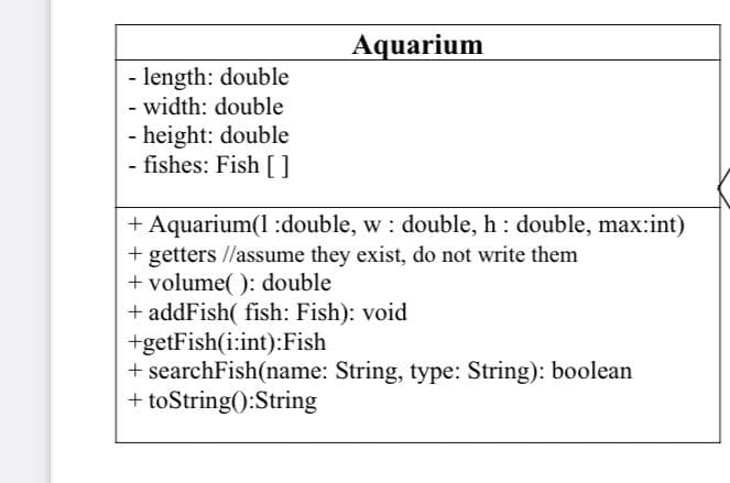 Aquarium
- length: double
- width: double
- height: double
- fishes: Fish []
+ Aquarium(1 :double, w : double, h : double, max:int)
+ getters //assume they exist, do not write them
+ volume( ): double
+ addFish( fish: Fish): void
+getFish(i:int):Fish
+ searchFish(name: String, type: String): boolean
+ toString():String
