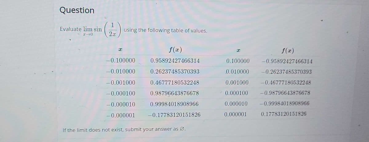 Question
Evaluate lim sin
using the following table of values.
2x
エ0
f(x)
f(z)
-0.100000
0.95892427466314
0.100000
-0.95892427466314
-0.010000
0.26237485370393
0.010000
-0.26237485370393
-0.001000
0.46777180532248
0.001000
-0.46777180532248
-0.000100
0.98796643876678
0.000100
-0.98796643876678
-0.000010
0.99984018908966
0.000010
-0.99984018908966
-0.000001
-0.17783120151826
0.000001
0.17783120151826
If the limit does not exist, submit your answer as Ø.
