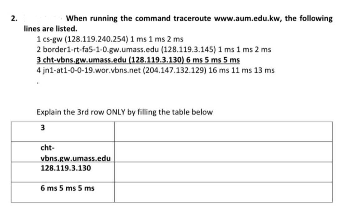 2.
When running the command traceroute www.aum.edu.kw, the following
lines are listed.
1 cs-gw (128.119.240.254) 1 ms 1 ms 2 ms
2 border1-rt-fa5-1-0.gw.umass.edu (128.119.3.145) 1 ms 1 ms 2 ms
3 cht-vbns.gw.umass.edu (128.119.3.130) 6 ms 5 ms 5 ms
4 jn1-at1-0-0-19.wor.vbns.net (204.147.132.129) 16 ms 11 ms 13 ms
Explain the 3rd row ONLY by filling the table below
3
cht-
vbns.gw.umass.edu
128.119.3.130
6 ms 5 ms 5 ms
