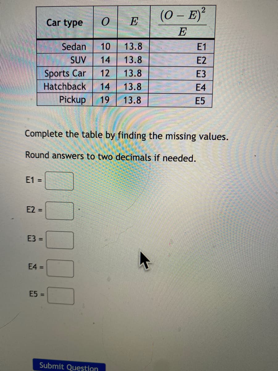 (0 – E)
Car type
E
E
Sedan
10
13.8
E1
SUV
14
13.8
E2
Sports Car
Hatchback
12
13.8
ЕЗ
14
13.8
E4
Pickup
19
13.8
E5
Complete the table by finding the missing values.
Round answers to two decimals if needed.
E1 =
E2 =
E3 =
E4 =
E5 =
Submit Question
