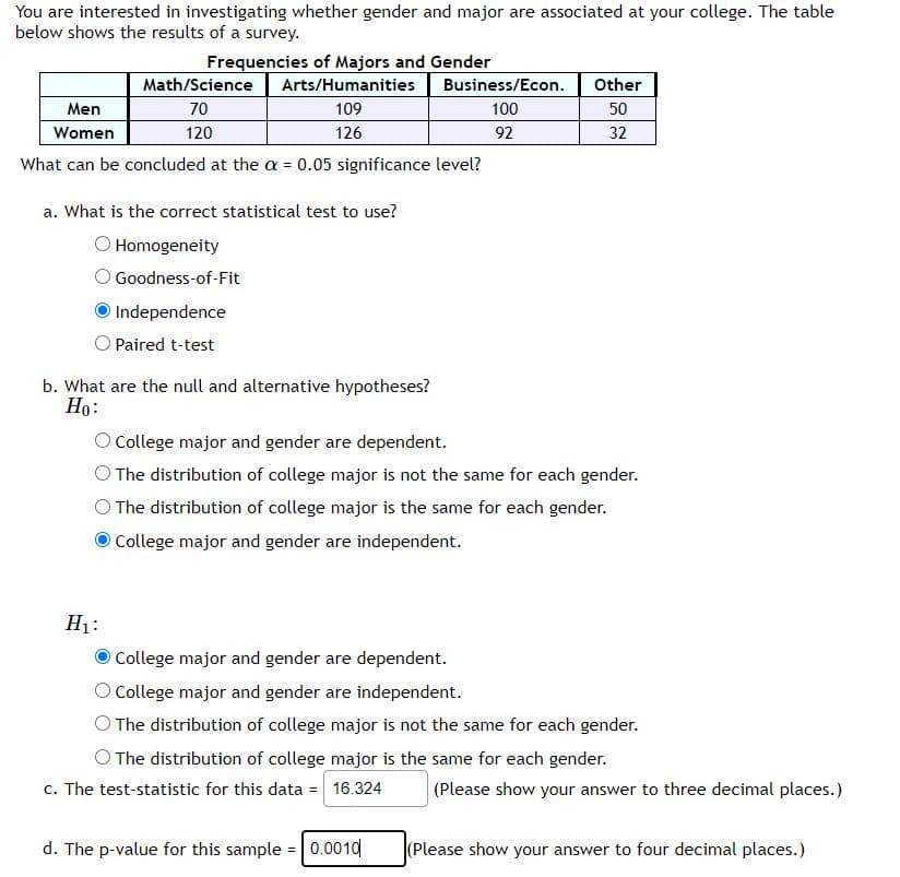 You are interested in investigating whether gender and major are associated at your college. The table
below shows the results of a survey.
Frequencies of Majors and Gender
Math/Science
Arts/Humanities
Business/Econ.
Other
Men
70
109
100
50
Women
120
126
92
32
What can be concluded at the a = 0.05 significance level?
a. What is the correct statistical test to use?
O Homogeneity
O Goodness-of-Fit
Independence
Paired t-test
b. What are the null and alternative hypotheses?
Ho:
OCollege major and gender are dependent.
O The distribution of college major is not the same for each gender.
O The distribution of college major is the same for each gender.
College major and gender are independent.
H1:
College major and gender are dependent.
O College major and gender are independent.
O The distribution of college major is not the same for each gender.
O The distribution of college major is the same for each gender.
c. The test-statistic for this data = 16.324
(Please show your answer to three decimal places.)
d. The p-value for this sample = 0.0010
(Please show your answer to four decimal places.)
