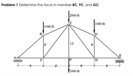 Problem 1 Determine the force in member BC, FC, and GC.
2000 Ib
1000 Ib
1500 lb
B
12
H.
1000 lb
