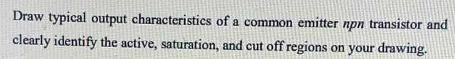 Draw typical output characteristics of a common emitter npn transistor and
clearly identify the active, saturation, and cut off regions on your drawing.
