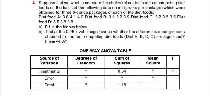 4. Suppose that we want to compare the cholestrol contents of four competing diet
foods on the basis of the following data (in milligrams per package) which were
obtained for three 6-ounce packages of each of the diet foods:
Diet food A: 3.6 4.1 4.0 Diet food B: 3.1 3.2 3.9 Diet food C: 3.2 3.5 3.5 Diet
food D: 3.5 3.8 3.8
a) Fill in the blanks below.
b) Test at the 0.05 level of significance whether the differences among means
obtained for the four competing diet foods (Diet A, B, C, D) are significant?
(Ftable=4.07)
ONE-WAY ANOVA TABLE
Source of
Degrees of
Freedom
Sum of
Mean
F
Variation
Squares
Square
Treatments
?
0.54
?
?
Error
?
Total
?
1.18
