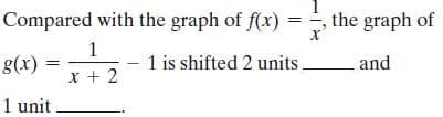 Compared with the graph of f(x)
-, the graph of
1
g(x)
x + 2
1 is shifted 2 units
and
1 unit
