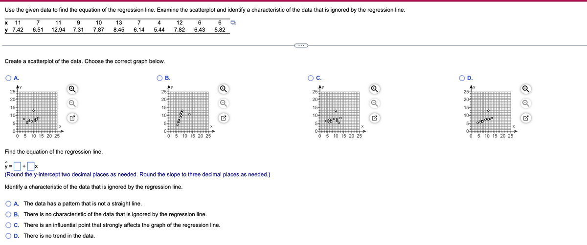 Use the given data to find the equation of the regression line. Examine the scatterplot and identify a characteristic of the data that is ignored by the regression line.
11
7
11
9.
10
13
7
4
12
6.
у 7.42
6.51
12.94
7.31
7.87
8.45
6.14
5.44
7.82
6.43
5.82
Create a scatterplot of the data. Choose the correct graph below.
O A.
ОВ.
C.
OD.
Ay
25-
Ay
25-
Ay
25-
Ay
25-
20-
204
20-
20-
155
15
15-
15-
10-
10=
10-
10-
5-
5-
5-
5-
0-
0-
0-
0-
5 10 15 20 25
5 10 15 20 25
5 10 15 20 25
5 10 15 20 25
Find the equation of the regression line.
y =U
+
(Round the y-intercept two decimal places as needed. Round the slope to three decimal places as needed.)
dentify a characteristic of the data that is ignored by the regression line.
O A. The data has a pattern that is not a straight line.
B. There is no characteristic of the data that is ignored by the regression line.
C. There is an influential point that strongly affects the graph of the regression line.
D. There is no trend in the data.
