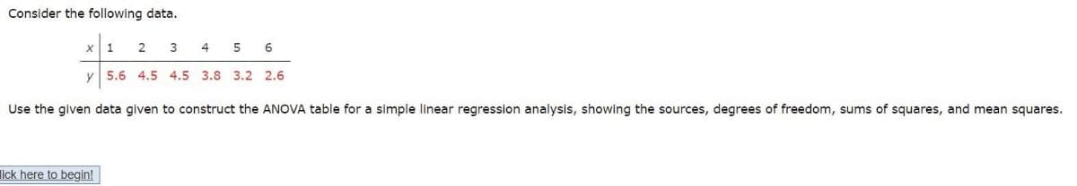 Consider the following data.
3
4
y 5.6 4.5 4.5 3.8 3.2 2.6
Use the given data given to construct the ANOVA table for a simple linear regression analysis, showing the sources, degrees of freedom, sums of squares, and mean squares.
lick here to begin!
