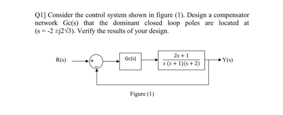 Q1] Consider the control system shown in figure (1). Design a compensator
network Gc(s) that the dominant closed loop poles are located at
(s = -2 ±j2V3). Verify the results of your design.
2s + 1
R(s)
Gc(s)
Y(s)
s (s + 1)(s + 2)
Figure (1)
