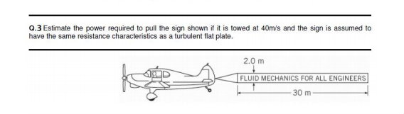 Q.3 Estimate the power required to pull the sign shown if it is towed at 40m/s and the sign is assumed to
have the same resistance characteristics as a turbulent flat plate.
2.0 m
FLUID MECHANICS FOR ALL ENGINEERS
30 m
