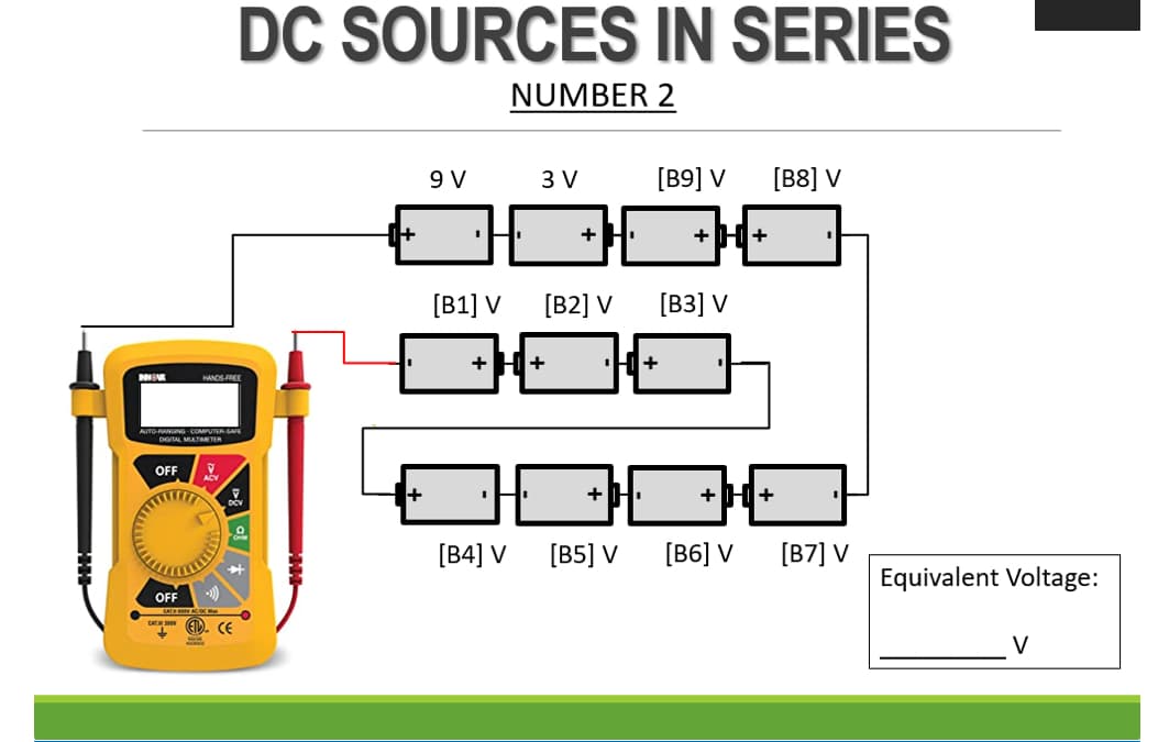 DC SOURCES IN SERIES
NUMBER 2
9 V
3 V
[B8] V
+ H:
+H+
[B1] V
[B2] V
[B3] V
+H+
Hl+
HANOS FRE
AUTO-RANGING- COMPUTER SA
N METNTER
OFF
+H.
+H+
[B4] V
[B5] V
[B6] V
[B7] V
Equivalent Voltage:
OFF
c D. cE
