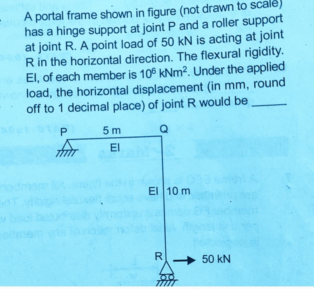 A portal frame shown in figure (not drawn to scalé)
has a hinge support at joint P and a roller support
at joint R. A point load of 50 kN is acting at joint
R in the horizontal direction. The flexural rigidity.
El, of each member is 106 kNm². Under the applied
load, the horizontal displacement (in mm, round
off to 1 decimal place) of joint R would be
5 m
Q
El
El 10 m
50 kN
