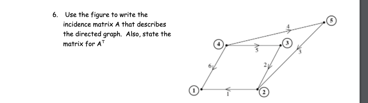 6. Use the figure to write the
incidence matrix A that describes
the directed graph. Also, state the
matrix for AT
