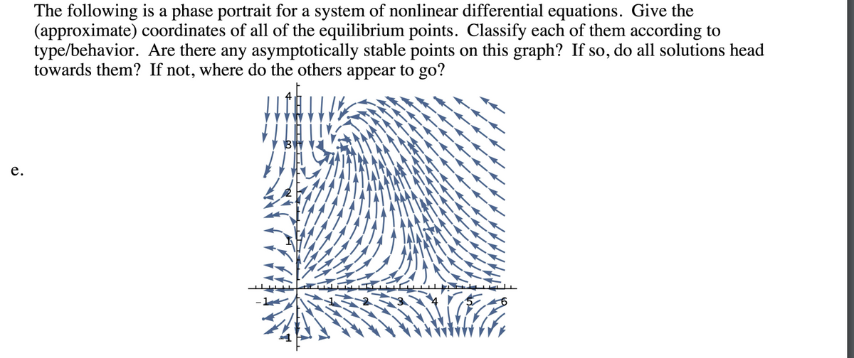 The following is a phase portrait for a system of nonlinear differential equations. Give the
(approximate) coordinates of all of the equilibrium points. Classify each of them according to
type/behavior. Are there any asymptotically stable points on this graph? If so, do all solutions head
towards them? If not, where do the others appear to go?
е.
