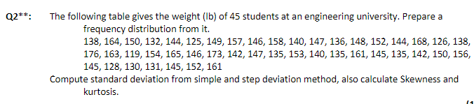 Q2**:
The following table gives the weight (Ib) of 45 students at an engineering university. Prepare a
frequency distribution from it.
138, 164, 150, 132, 144, 125, 149, 157, 146, 158, 140, 147, 136, 148, 152, 144, 168, 126, 138,
176, 163, 119, 154, 165, 146, 173, 142, 147, 135, 153, 140, 135, 161, 145, 135, 142, 150, 156,
145, 128, 130, 131, 145, 152, 161
Compute standard deviation from simple and step deviation method, also calculate Skewness and
kurtosis.
