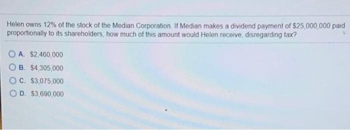 Helen owns 12% of the stock of the Median Corporation. If Median makes a dividend payment of $25,000,000 paid
proportionally to its shareholders, how much of this amount would Helen receive, disregarding tax?
OA. $2,460,000
OB. $4,305,000
OC. $3,075,000
OD. $3,690,000