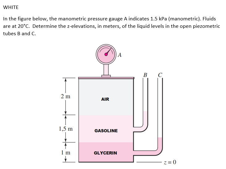 WHITE
In the figure below, the manometric pressure gauge A indicates 1.5 kPa (manometric). Fluids
are at 20°C. Determine the z-elevations, in meters, of the liquid levels in the open piezometric
tubes B and C.
2 m
1,5 m
1 m
↓
AIR
A
GASOLINE
GLYCERIN
B
C
z=0