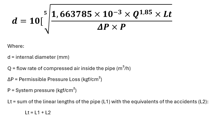 d = 10[
-
5 1,663785 × 10−3 × Q1,85 × Lt
ΔΡ ΧΡ
Where:
d = internal diameter (mm)
Q = flow rate of compressed air inside the pipe (m³/h)
AP = Permissible Pressure Loss (kgf/cm²)
P = System pressure (kgf/cm²)
Lt = sum of the linear lengths of the pipe (L1) with the equivalents of the accidents (L2):
Lt = L1 + L2