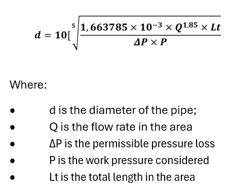 d = 10[
5 1,663785 × 10-3 × Q1,85 x Lt
ΔΡ ΧΡ
Where:
d is the diameter of the pipe;
Q is the flow rate in the area
AP is the permissible pressure loss
P is the work pressure considered
Lt is the total length in the area