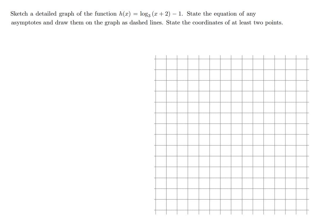 Sketch a detailed graph of the function h(x) = log3 (x + 2) - 1. State the equation of any
asymptotes and draw them on the graph as dashed lines. State the coordinates of at least two points.