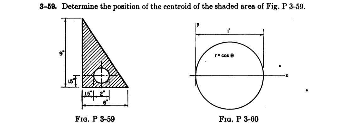 3-59. Determine the position of the centroid of the shaded area of Fig. P 3-59.
r* cos e
1.5"
2"
6"
FIG. P 3-59
FIG. P 3-60
