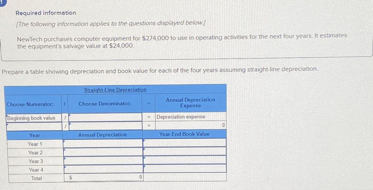 Required information
[The following information applies to the questions displayed below]
NewTech purchases computer equipment for $274,000 to use in operating activities for the next four years. It estimates
the equipment's salvage value at $24,000.
Prepare a table showing depreciation and book value for each of the four years assuming straight-line depreciation.
Choose Numerator:
Straight-Line Depreciation
Annual Depreciation
Expense
Choose Denominator:
Beginning book value
Depreciation expense
0
Year
Annual Depreciation
Year-End Book Value
Year 1
Year 2
Year 3
Year 4
Total
$