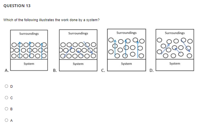 QUESTION 13
Which of the following illustrates the work done by a system?
Surroundings
Surroundings
Surroundings
Surroundings
System
System
System
System
A.
В.
С.
D.
O D
O B
O A
B.
