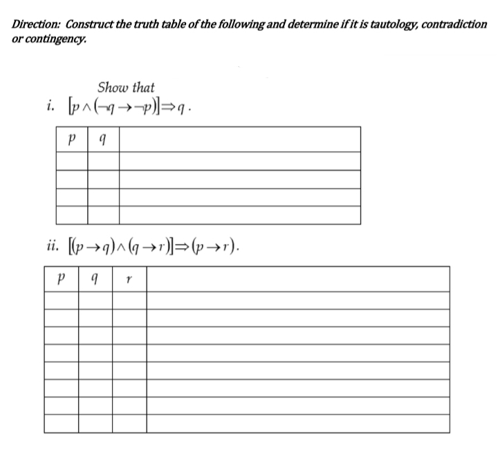 Direction: Construct the truth table of the following and determine if it is tautology, contradiction
or contingency.
Show that
ii. (p→q)^ (g →r)]= (p→r).
