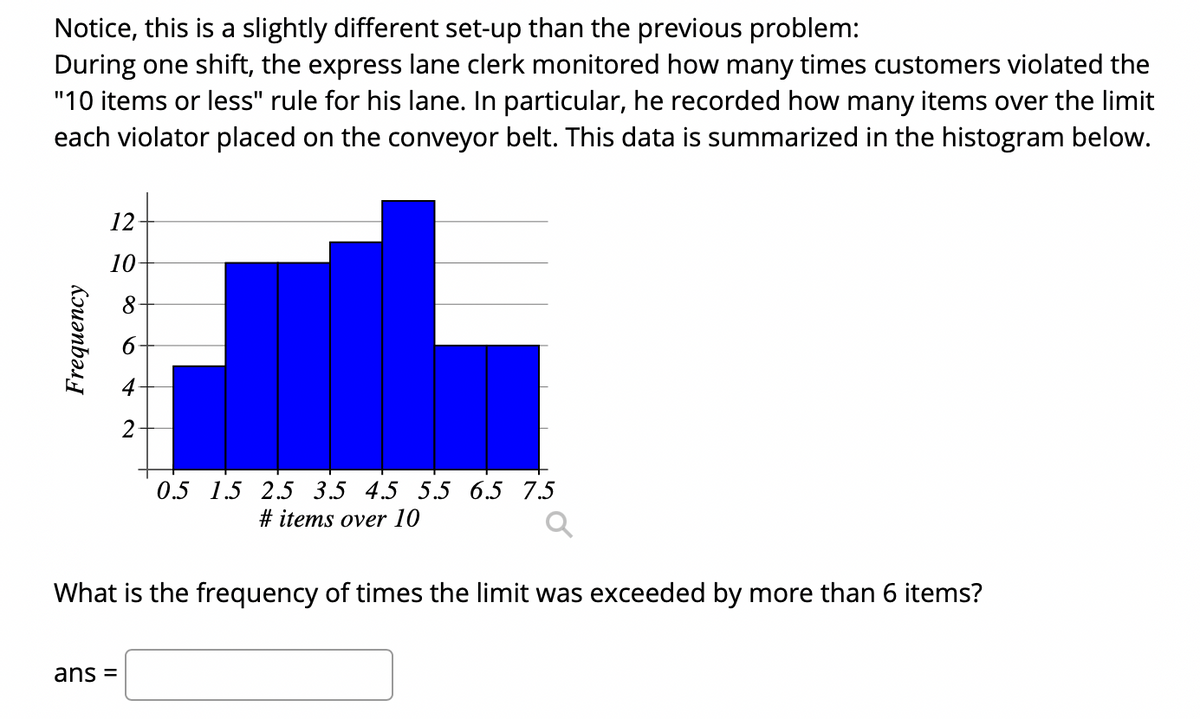 Notice, this is a slightly different set-up than the previous problem:
During one shift, the express lane clerk monitored how many times customers violated the
"10 items or less" rule for his lane. In particular, he recorded how many items over the limit
each violator placed on the conveyor belt. This data is summarized in the histogram below.
12
10
2-
0.5 1.5 2.5 3.5 4.5 5.5 6.5 7.5
# items over 10
What is the frequency of times the limit was exceeded by more than 6 items?
ans =
Kuənbəsy
