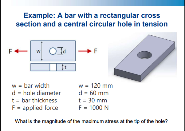 F
Example: A bar with a rectangular cross
section and a central circular hole in tension
W
O Id
It
F
w = bar width
d = hole diameter
t = bar thickness
F = applied force
What is the magnitude of the maximum stress at the tip of the hole?
w = 120 mm
d = 60 mm
t = 30 mm
F = 1000 N