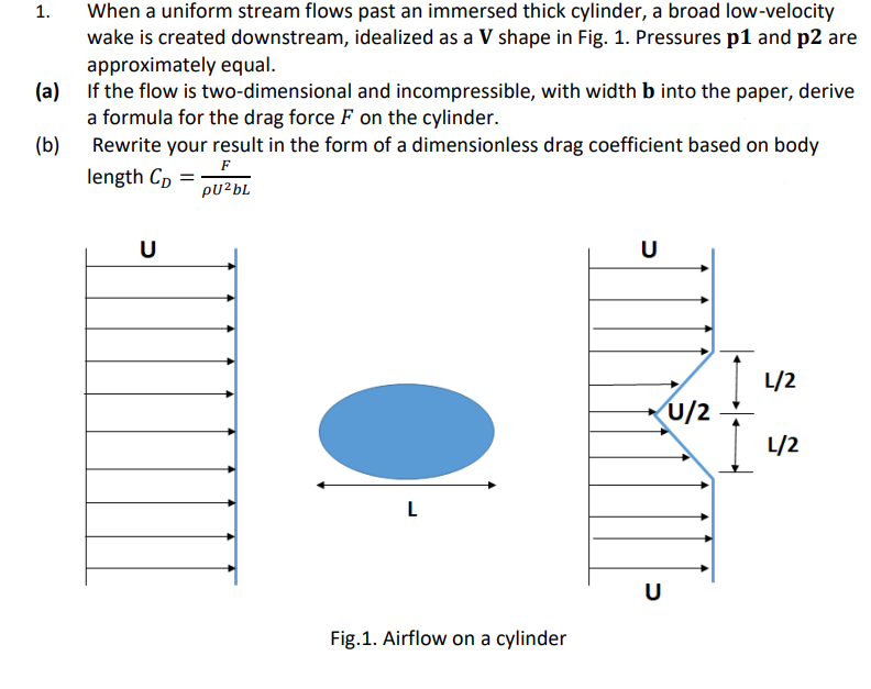 When a uniform stream flows past an immersed thick cylinder, a broad low-velocity
wake is created downstream, idealized as a V shape in Fig. 1. Pressures p1 and p2 are
approximately equal.
(a)
If the flow is two-dimensional and incompressible, with width b into the paper, derive
a formula for the drag force F on the cylinder.
(b)
1.
Rewrite your result in the form of a dimensionless drag coefficient based on body
F
length Cp
pU²bL
U
=
L
Fig.1. Airflow on a cylinder
U
U
U/2
L/2
L/2