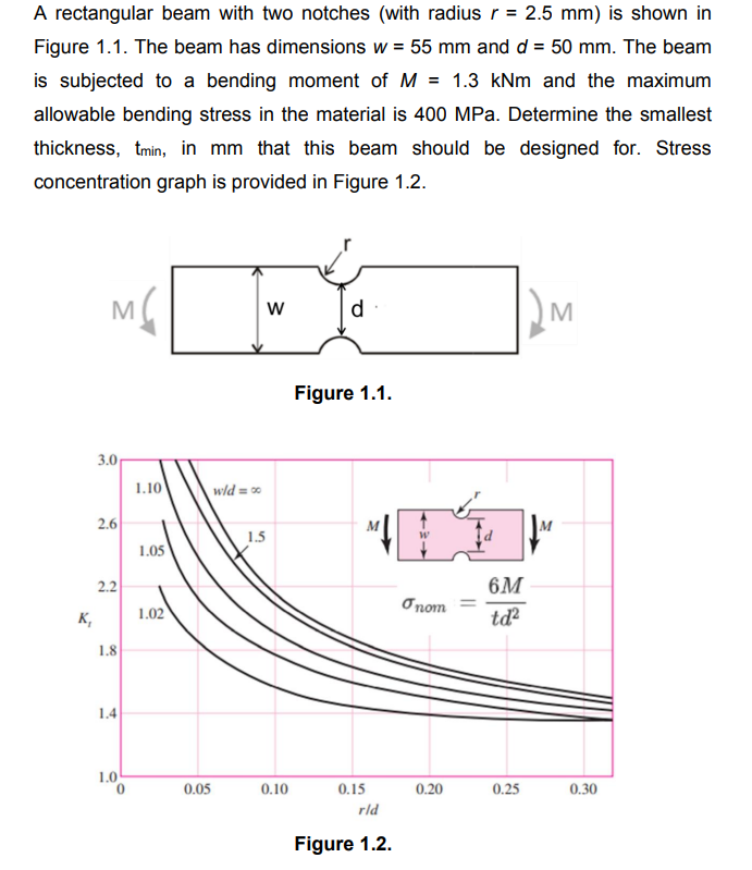 A rectangular beam with two notches (with radius r = 2.5 mm) is shown in
Figure 1.1. The beam has dimensions w = 55 mm and d = 50 mm. The beam
is subjected to a bending moment of M = 1.3 kNm and the maximum
allowable bending stress in the material is 400 MPa. Determine the smallest
thickness, tmin, in mm that this beam should be designed for. Stress
concentration graph is provided in Figure 1.2.
K₁
M
3.0
2.6
2.2
1.8
1.4
16
1.0
0
1.10
1.05
1.02
0.05
wld = ∞
W
1.5
0.10
Figure 1.1.
0.15
rld
Figure 1.2.
Inom
0.20
6M
td²
0.25
M
M
0.30