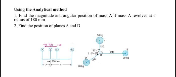 Using the Analytical method
1. Find the magnitude and angular position of mass A if mass A revolves at a
radius of 180 mm
2. Find the position of planes A and D
-ve R.P.
B
ve
300 -
40 kg
D
120%
210
150
50 kg
120
240
B
30 kg