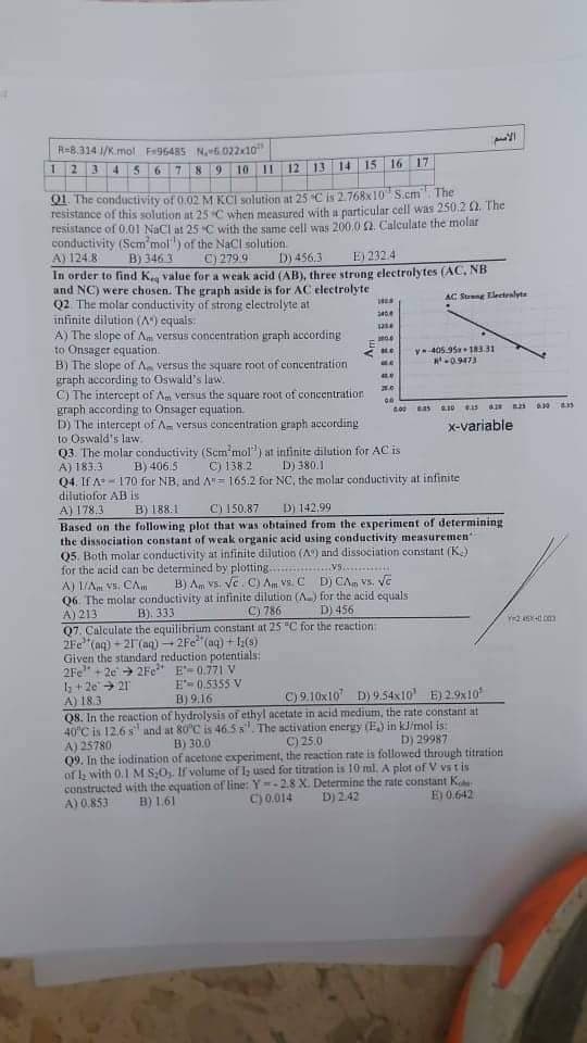 R-8,314 1/K.mol F-96485 N, 6.022x10
1 2 345 6 78 9 10 11 12 13 14 15 16 17
Q1. The conductivity of 0.02 M KCl solution at 25 °C is 2.768x10 S.cm The
resistance of this solution at 25 C when measured with a particular cell was 250.2 02. The
resistance of 0.01 NaCl at 25 C with the same cell was 200.0 2. Calculate the molar
conductivity (Sem'mol) of the NaCl solution.
A) 124.8
B) 346 3
C) 279 9
D) 456,3
E) 232.4
In order to find K., value for a weak acid (AB), three strong electrolytes (AC, NB
and NC) were chosen. The graph aside is for AC electrolyte
Q2 The molar conductivity of strong electrolyte at
AC Strong Electrolyte
infinite dilution (A) equals.
A) The slope of Am versus concentration graph according
to Onsager equation.
B) The slope of A versus the square root of concentration
graph according to Oswald's law.
C) The intercept of Am versus the square root of concentration
graph according to Onsager equation.
D) The intercept of A versus concentration graph according
to Oswald's law.
1818
340.4
1214
300.0
BLO
ME
410
30.0
06
6.00
الأسم
v-405.95x 183.31
-0.9473
das
8.10
8.15
x-variable
Q3. The molar conductivity (Sem'mol") at infinite dilution for AC is
A) 183.3
B) 406.5
C) 138.2
D) 380.1
Q4. If A-170 for NB, and A" 165.2 for NC, the molar conductivity at infinite
dilutiofor AB is
A) 178.3
6.10
B) 188.11 C) 150.87 D) 142.99
Based on the following plot that was obtained from the experiment of determining
the dissociation constant of weak organic acid using conductivity measuremen
Q5. Both molar conductivity at infinite dilution (A) and dissociation constant (K₂)
for the acid can be determined by plotting..
VS.....
A) 1/A vs. CAm
B) Am vs. Vc. C) Am Vs. C D) CA, VS. VE
Q6. The molar conductivity at infinite dilution (A) for the acid equals
A) 213
B). 333
C) 786
D) 456
Q7. Calculate the equilibrium constant at 25 "C for the reaction
2Fe (aq) +2 (aq)-2 2Fe²(aq) + 1:(s)
Given the standard reduction potentials:
2Fe +2e2Fe²+ E-0.771 V
1₂ +2e21
A) 18.31
E-0.5355 V
B) 9.3
C) 9.10x10 D) 9.54x10' E) 2.9x10
Q8. In the reaction of hydrolysis of ethyl acetate in acid medium, the rate constant at
40°C is 12,6 s and at 80°C is 46.5 s. The activation energy (E) in kJ/mol is:
C) 25.0
D) 29987
A) 25780
B) 30.0
09. In the iodination of acetone experiment, the reaction rate is followed through titration
of 12 with 0.1 M SO.. If volume of 1₂ used for titration is 10 ml. A plot of V vst is
constructed with the equation of line: Y-2.8 X. Determine the rate constant K
D) 2.42
E) 0.642
A) 0.853
C) 0.014
B) 1.61
0.30
Yes.com
835