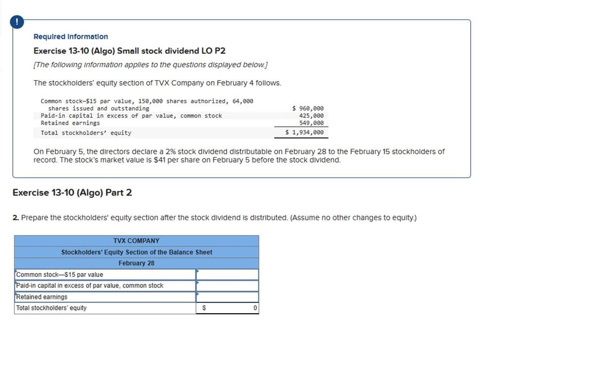 !
Required Information
Exercise 13-10 (Algo) Small stock dividend LO P2
[The following information applies to the questions displayed below.]
The stockholders' equity section of TVX Company on February 4 follows.
Common stock-$15 par value, 150,000 shares authorized, 64,000
shares issued and outstanding
Paid-in capital in excess of par value, common stock
Retained earnings
Total stockholders' equity
On February 5, the directors declare a 2% stock dividend distributable on February 28 to the February 15 stockholders of
record. The stock's market value is $41 per share on February 5 before the stock dividend.
Exercise 13-10 (Algo) Part
2. Prepare the stockholders' equity section after the stock dividend is distributed. (Assume no other changes to equity.)
TVX COMPANY
Stockholders' Equity Section of the Balance Sheet
February 28
Common stock-$15 par value
Paid-in capital in excess of par value, common stock
Retained earnings
Total stockholders' equity
$ 960,000
425,000
549,000
$ 1,934,000
$
0