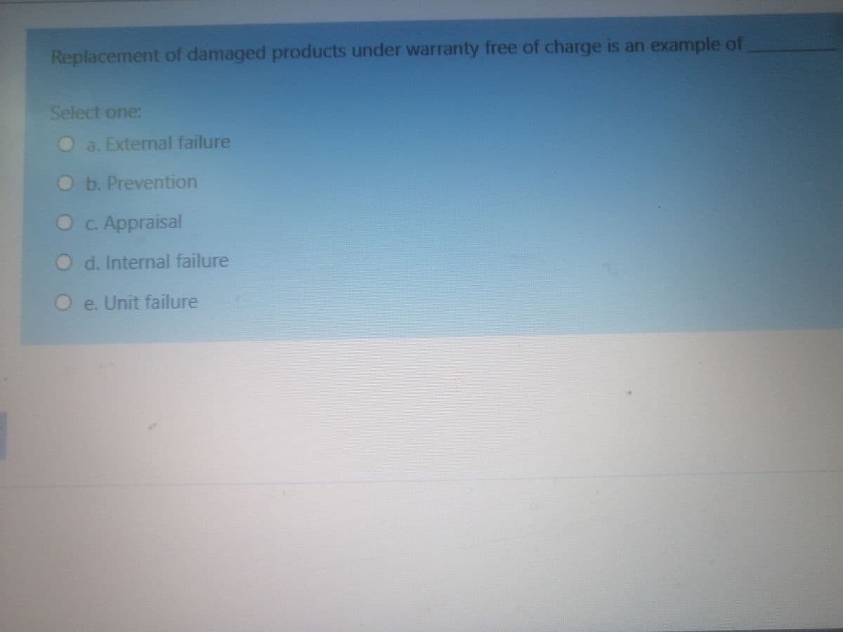 Replacement of damaged products under warranty free of charge is an example of
Select one:
O a. External failure
O b. Prevention
OC. Appraisal
O d. Internal failure
Oe. Unit failure
