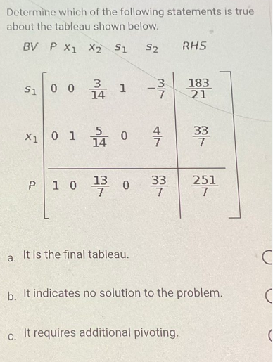 Determine which of the following statements is true
about the tableau shown below.
BV P X1 X2 S1 S2
$1 0 0
X1 0 1
C.
P
3
14
1
a. It is the final tableau.
RHS
- 183
21
140 4 33
10 13 0 33 251
7
b. It indicates no solution to the problem.
It requires additional pivoting.
с
(