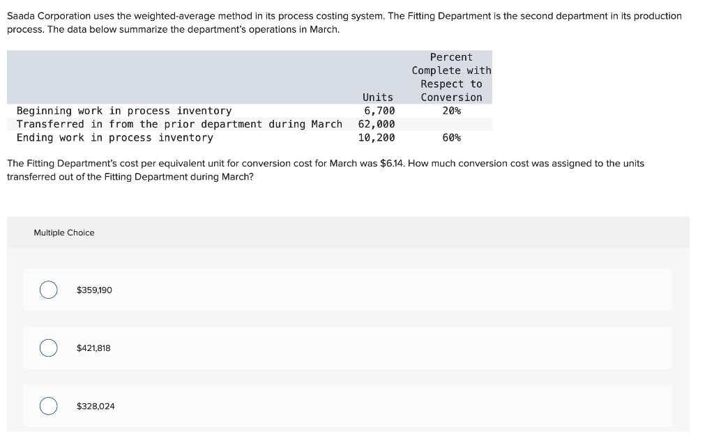 Saada Corporation uses the weighted-average method in its process costing system. The Fitting Department is the second department in its production
process. The data below summarize the department's operations in March.
Beginning work in process inventory
Transferred in from the prior department during March
Ending work in process inventory
Multiple Choice
O
The Fitting Department's cost per equivalent unit for conversion cost for March was $6.14. How much conversion cost was assigned to the units
transferred out of the Fitting Department during March?
$359,190
$421,818
Units
6,700
62,000
10,200
$328,024
Percent
Complete with
Respect to
Conversion
20%
60%